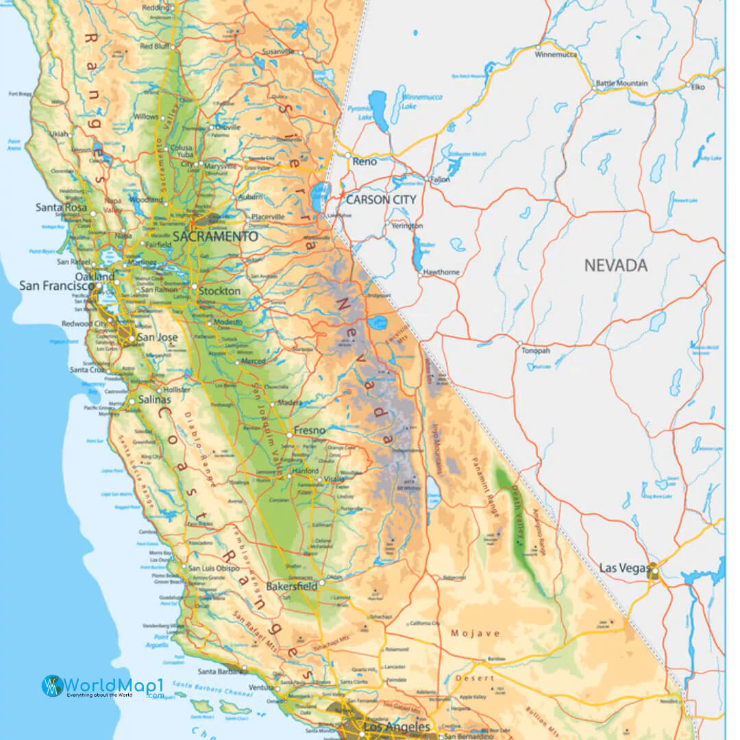 California Map with Sierra Nevada Mountains